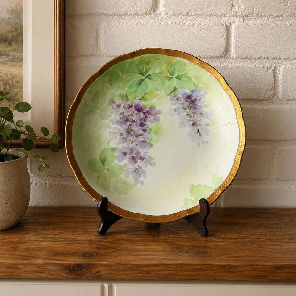 Antique Ginori Italy Hand Painted Porcelain Plate Artist Signed Violet Floral 10